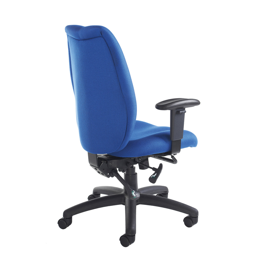 Blue office chair with black base on a white background