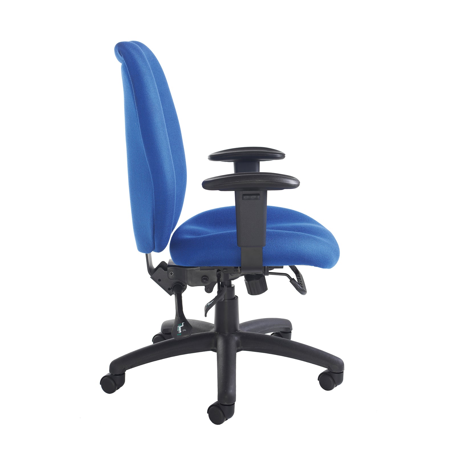 Blue office chair with black base on a white background