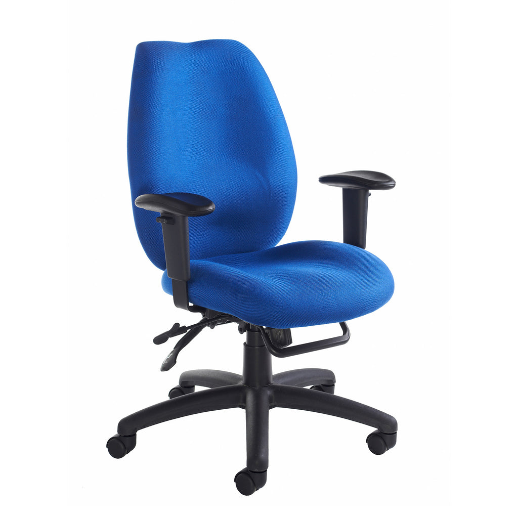 Blue office chair with black arms and base on a white background