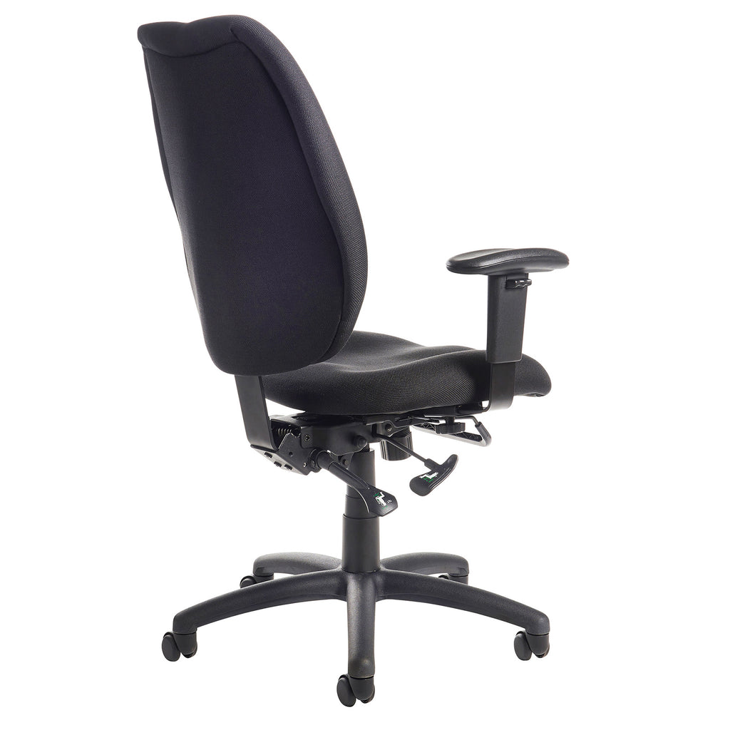 Black office chair with adjustable arms on a white background