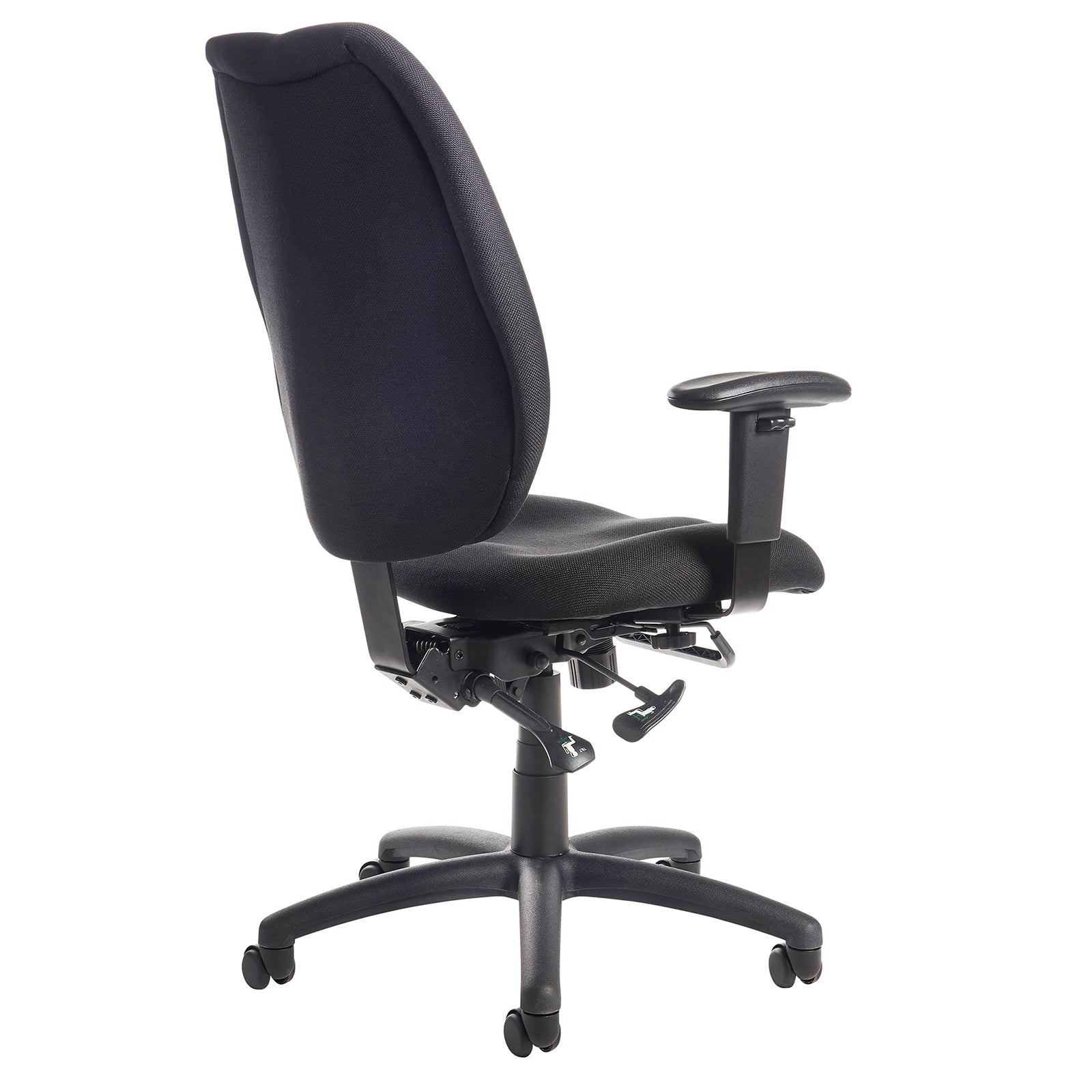 Black office chair with adjustable arms on a white background