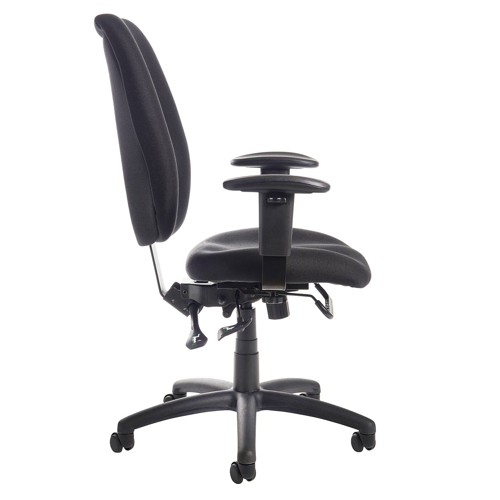 Black office chair with adjustable arms on a white background