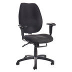 Black office chair with adjustable arms on a white background