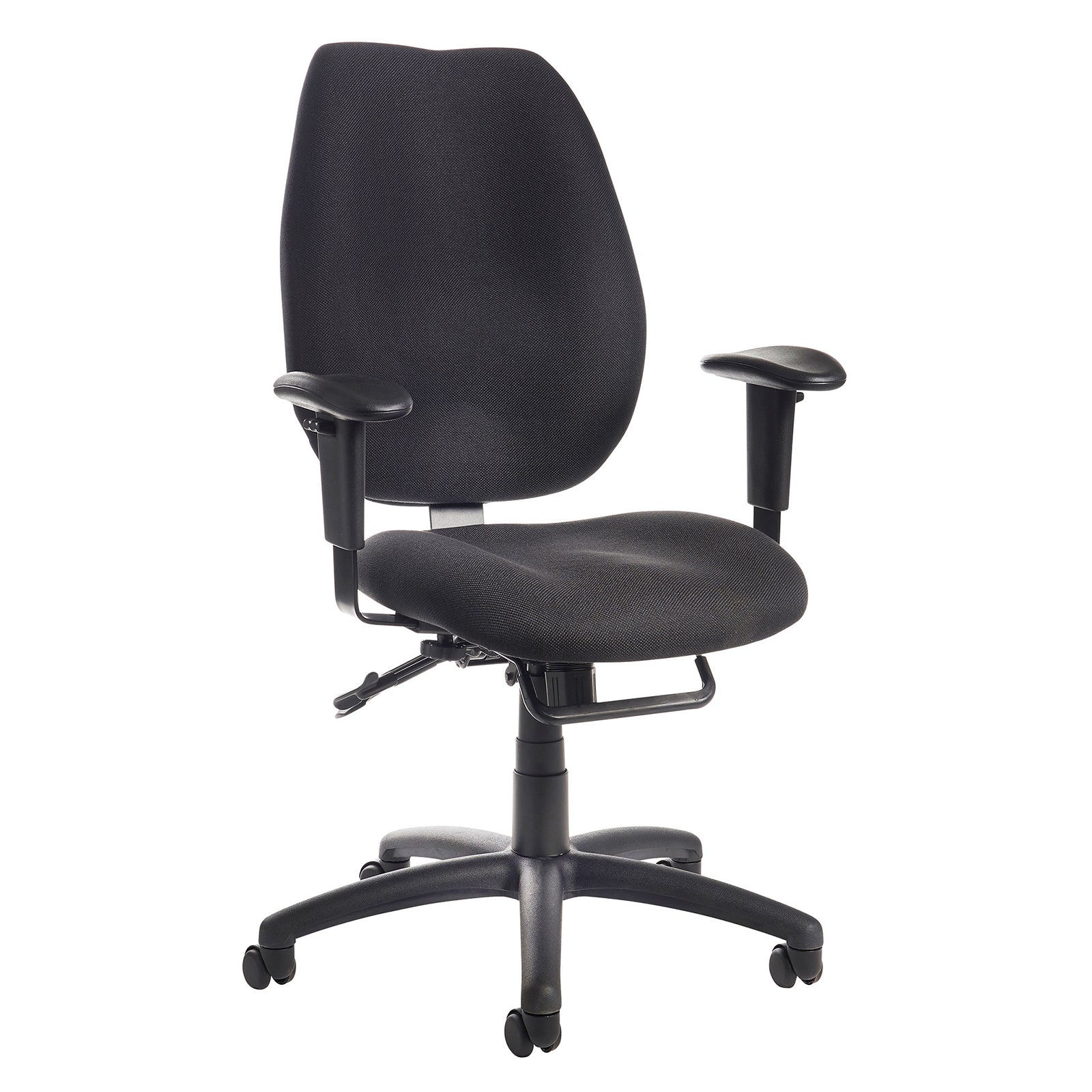 Black office chair with adjustable arms on a white background