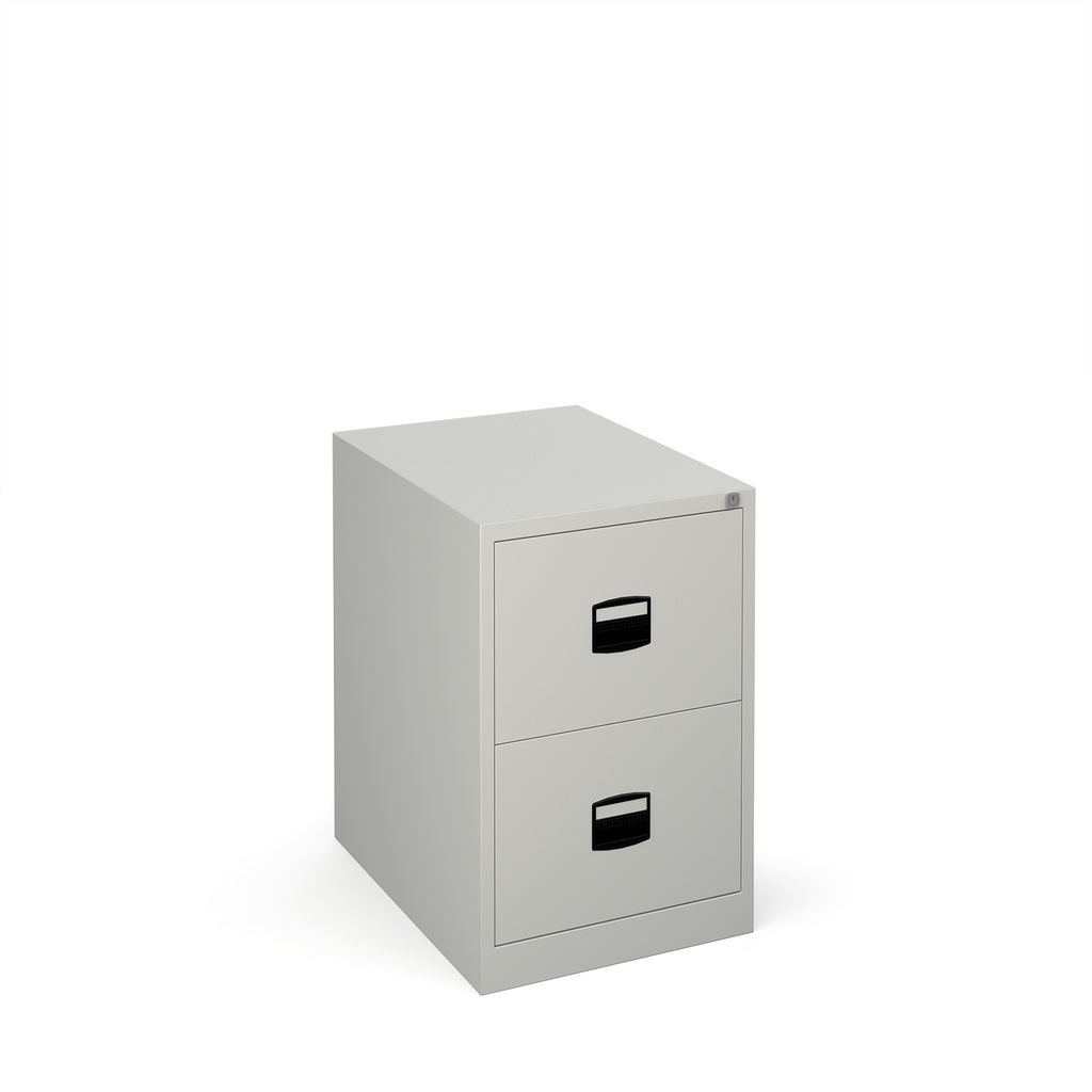 Grey metal filing cabinet with two drawers on a white background