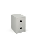 Grey metal filing cabinet with two drawers on a white background