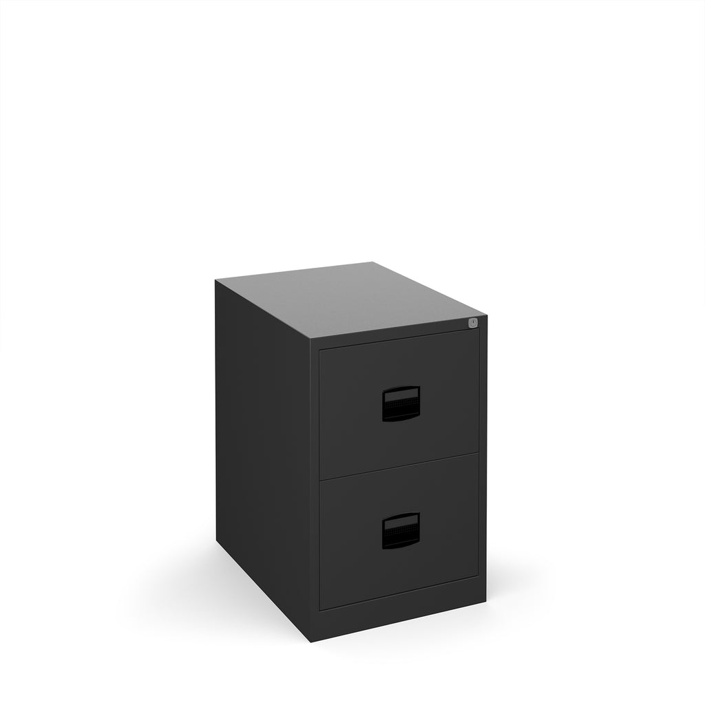 Black metal file cabinet with two drawers on a white background