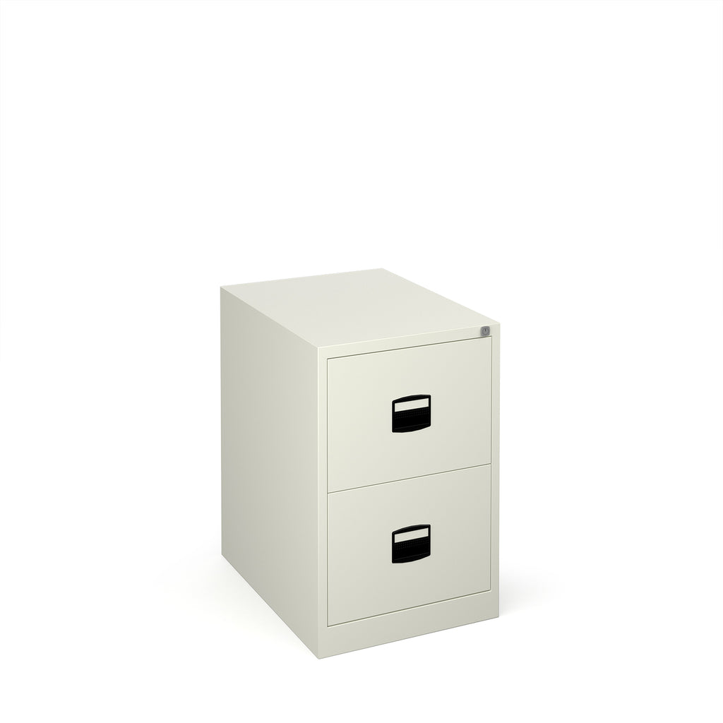 White metal filing cabinet with two drawers on a white background