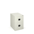 White metal filing cabinet with two drawers on a white background