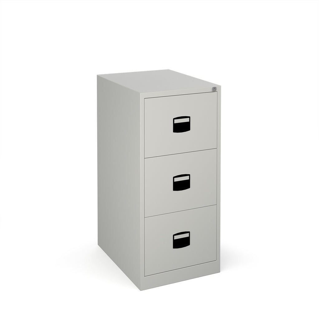 Grey metal filing cabinet with three drawers on a white background