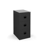 Black three-drawer filing cabinet on a white background