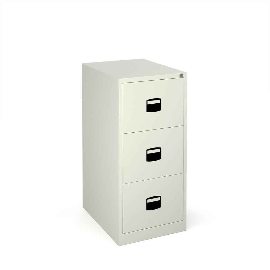 White metal filing cabinet with three drawers on a white background
