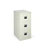 White metal filing cabinet with three drawers on a white background
