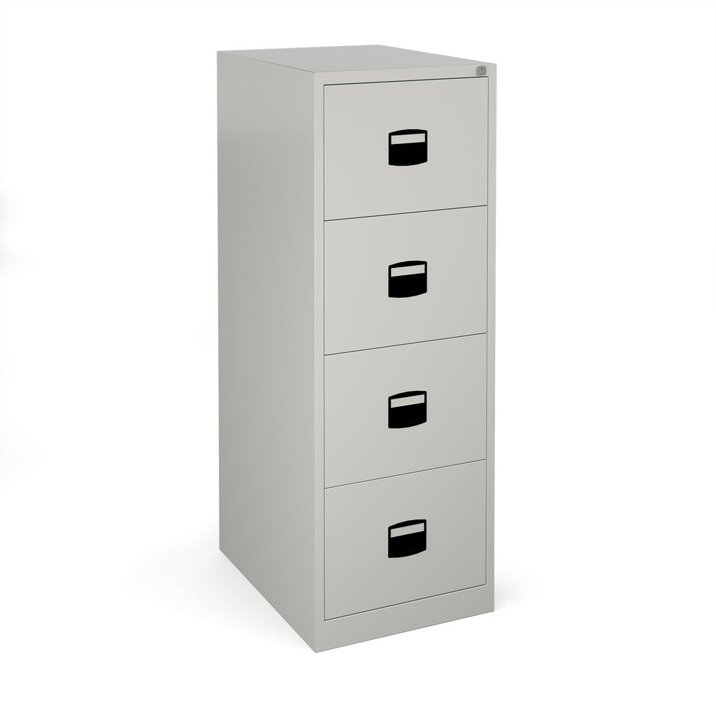Grey metal file cabinet with four drawers on a white background