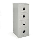 Grey metal file cabinet with four drawers on a white background