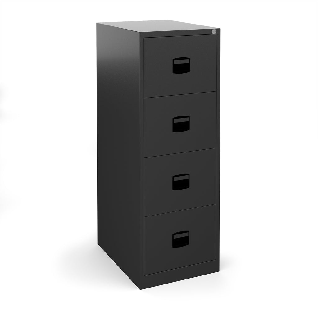 Black metal file cabinet with four drawers on a white background