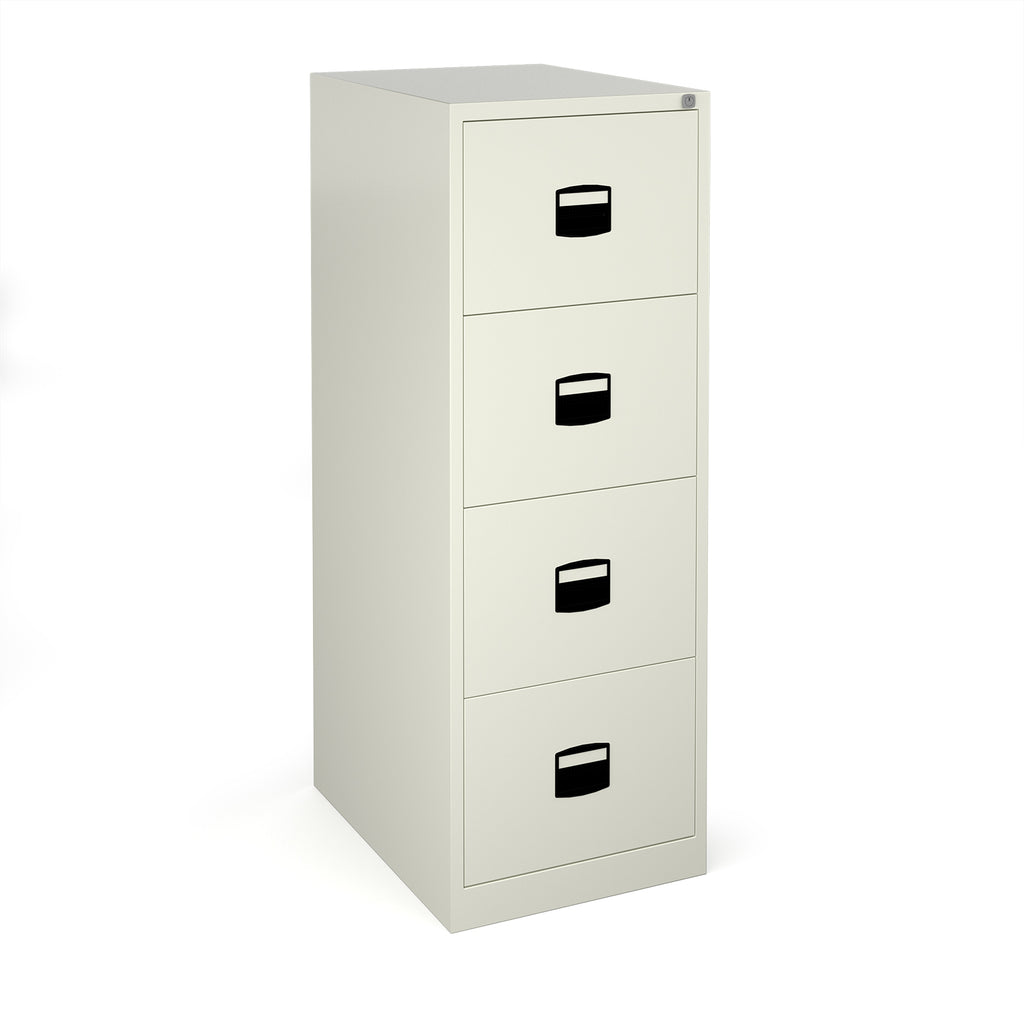 White filing cabinet with four drawers on a white background