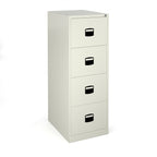 White filing cabinet with four drawers on a white background