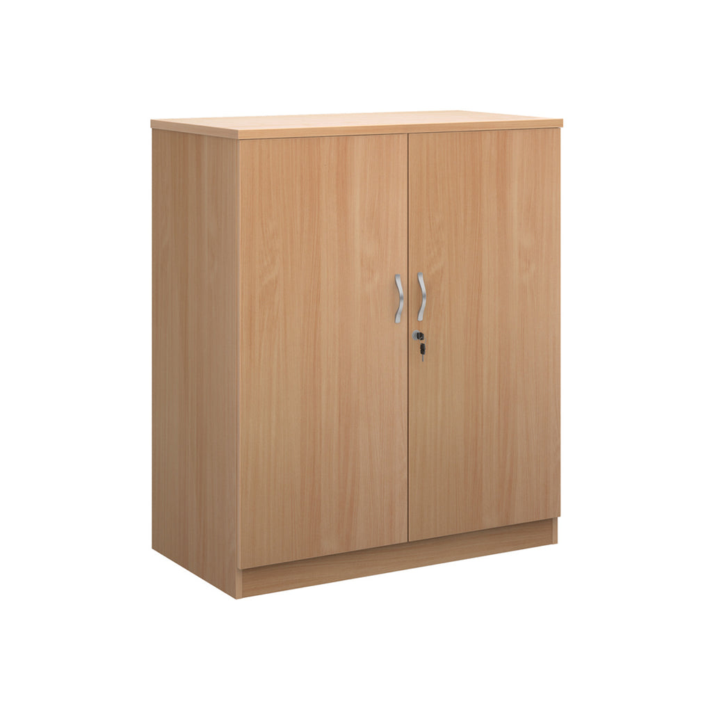 A two-door cabinet with a wood grain finish, featuring two vertical doors with slim silver handles and small lock keys, shown on a plain white background.