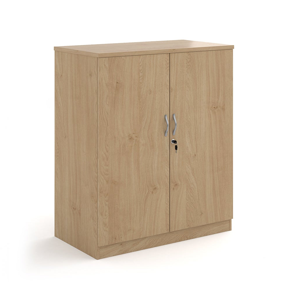 A two-door cabinet with a wood grain finish, featuring two vertical doors with slim silver handles and small lock keys, shown on a plain white background.