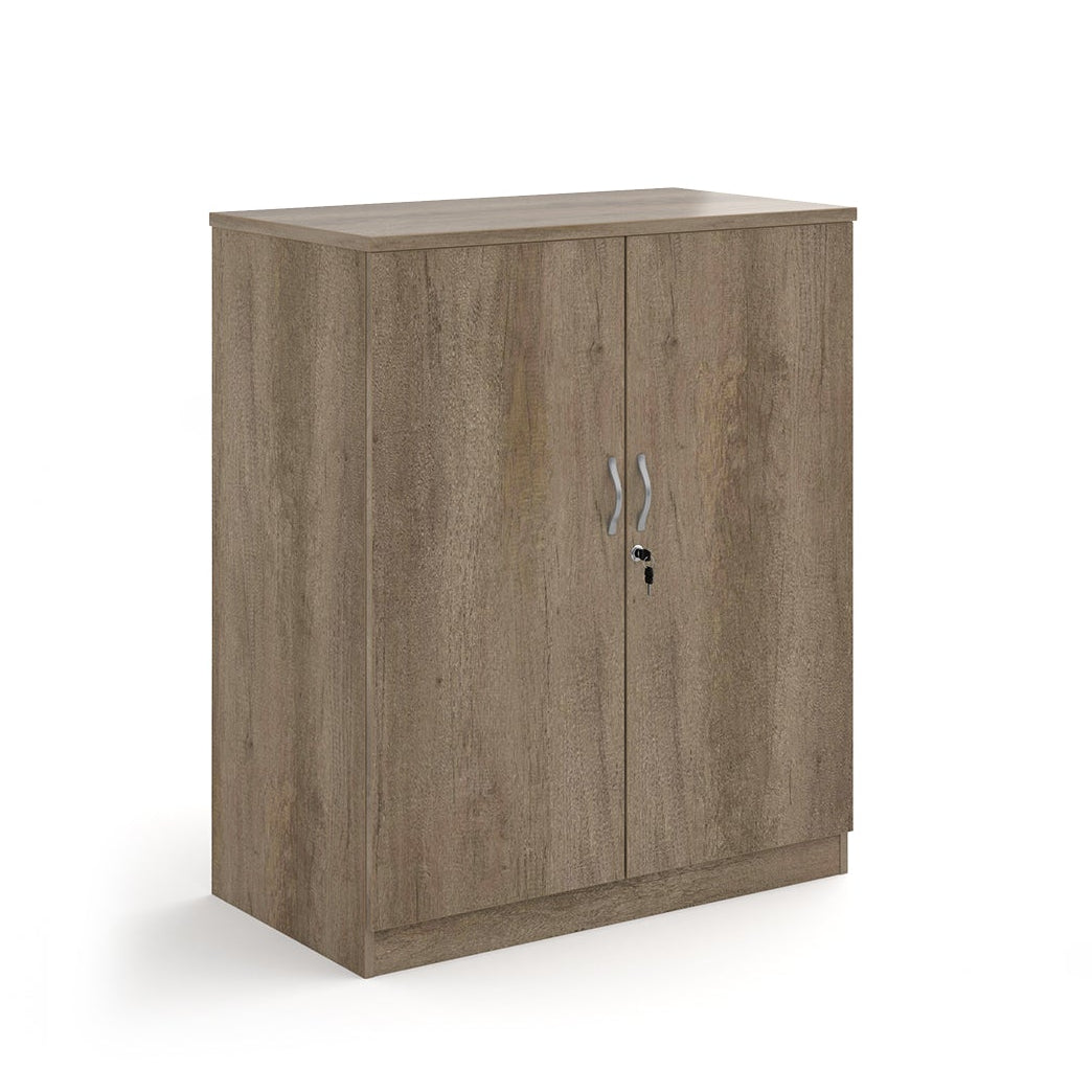 A two-door cabinet with a wood grain finish, featuring two vertical doors with slim silver handles and small lock keys, shown on a plain white background.