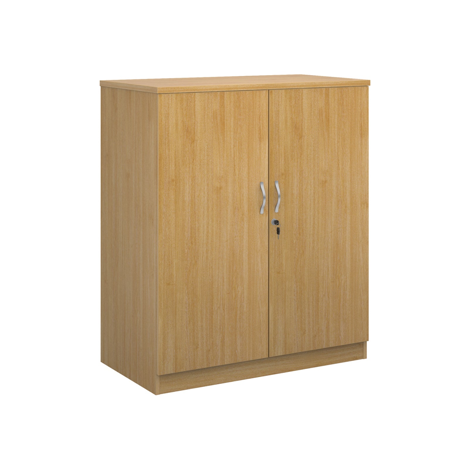 A two-door cabinet with a wood grain finish, featuring two vertical doors with slim silver handles and small lock keys, shown on a plain white background.