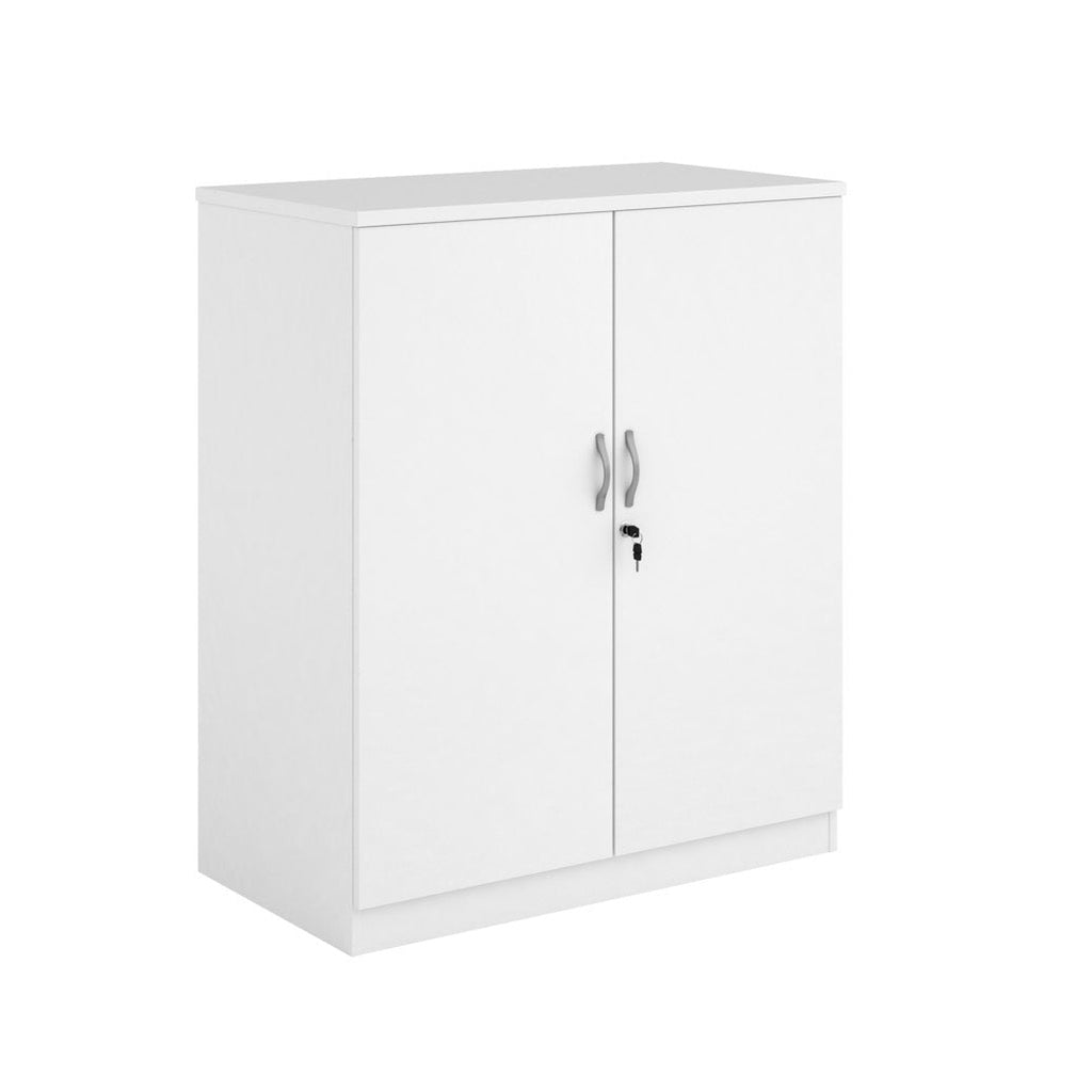 A two-door cabinet with a white finish, featuring two vertical doors with slim silver handles and small lock keys, shown on a plain white background.