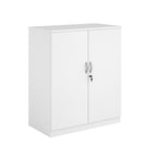 A two-door cabinet with a white finish, featuring two vertical doors with slim silver handles and small lock keys, shown on a plain white background.
