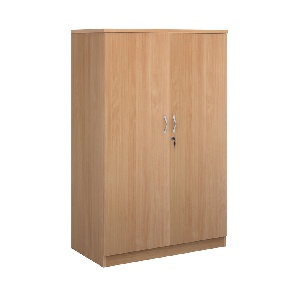 A two-door cabinet with a wood grain finish, featuring two vertical doors with slim silver handles and small lock keys, shown on a plain white background.