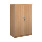 A two-door cabinet with a wood grain finish, featuring two vertical doors with slim silver handles and small lock keys, shown on a plain white background.