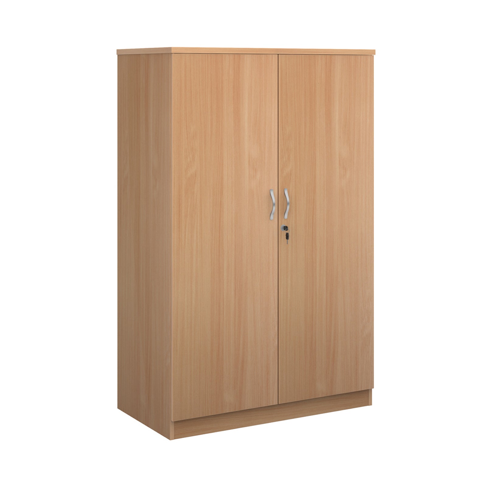 A two-door cabinet with a wood grain finish, featuring two vertical doors with slim silver handles and small lock keys, shown on a plain white background.