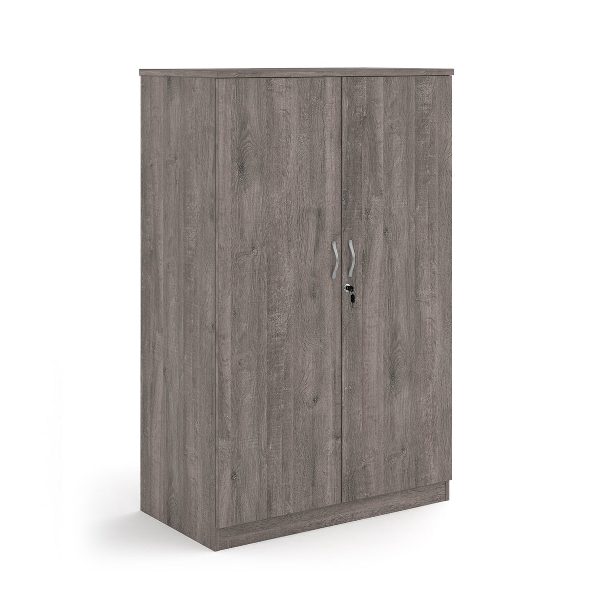 A two-door cabinet with a grey wood grain finish, featuring two vertical doors with slim silver handles and small lock keys, shown on a plain white background.