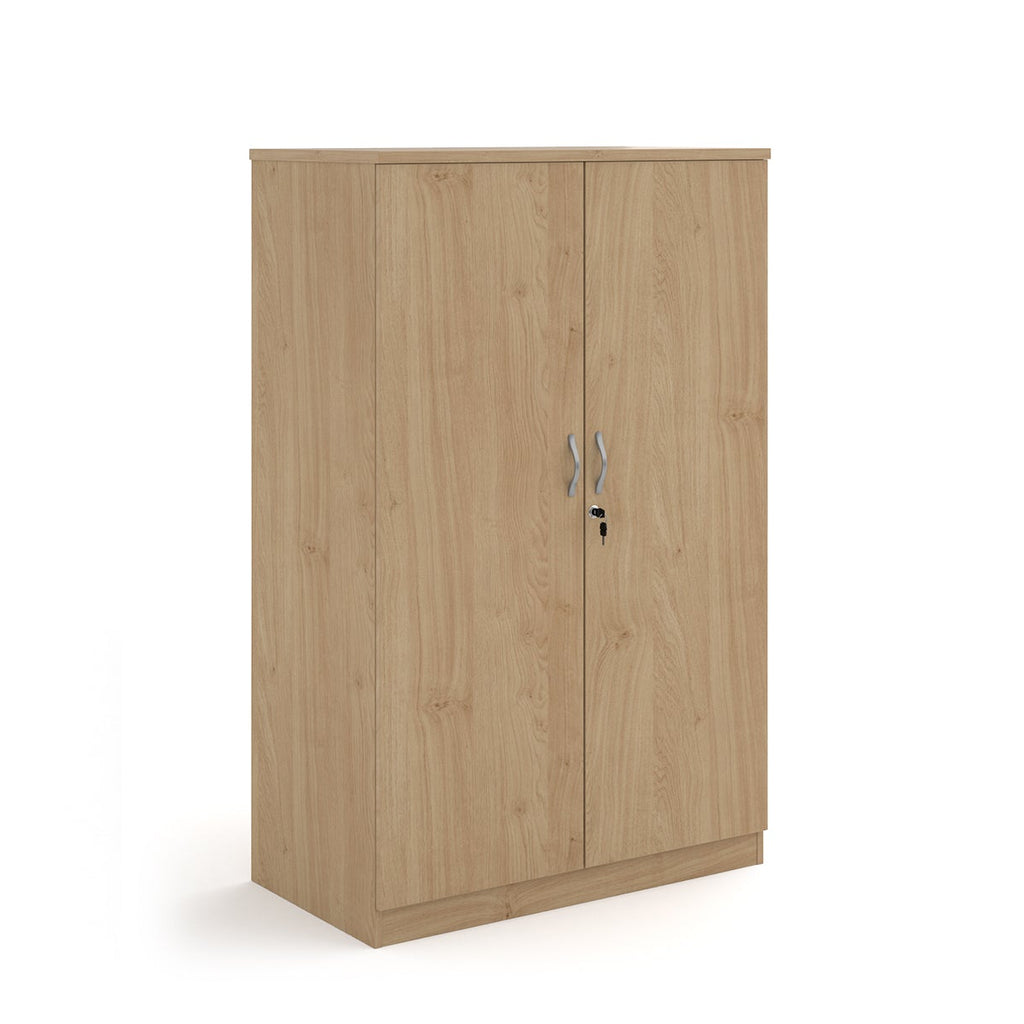 A two-door cabinet with a wood grain finish, featuring two vertical doors with slim silver handles and small lock keys, shown on a plain white background.