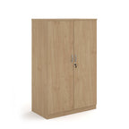 A two-door cabinet with a wood grain finish, featuring two vertical doors with slim silver handles and small lock keys, shown on a plain white background.