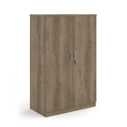 A two-door cabinet with a wood grain finish, featuring two vertical doors with slim silver handles and small lock keys, shown on a plain white background.