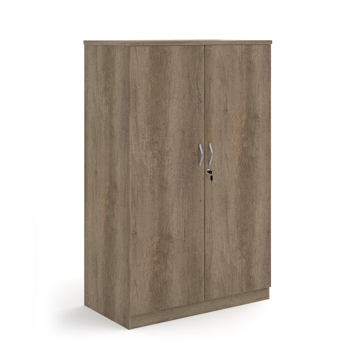 A two-door cabinet with a wood grain finish, featuring two vertical doors with slim silver handles and small lock keys, shown on a plain white background.