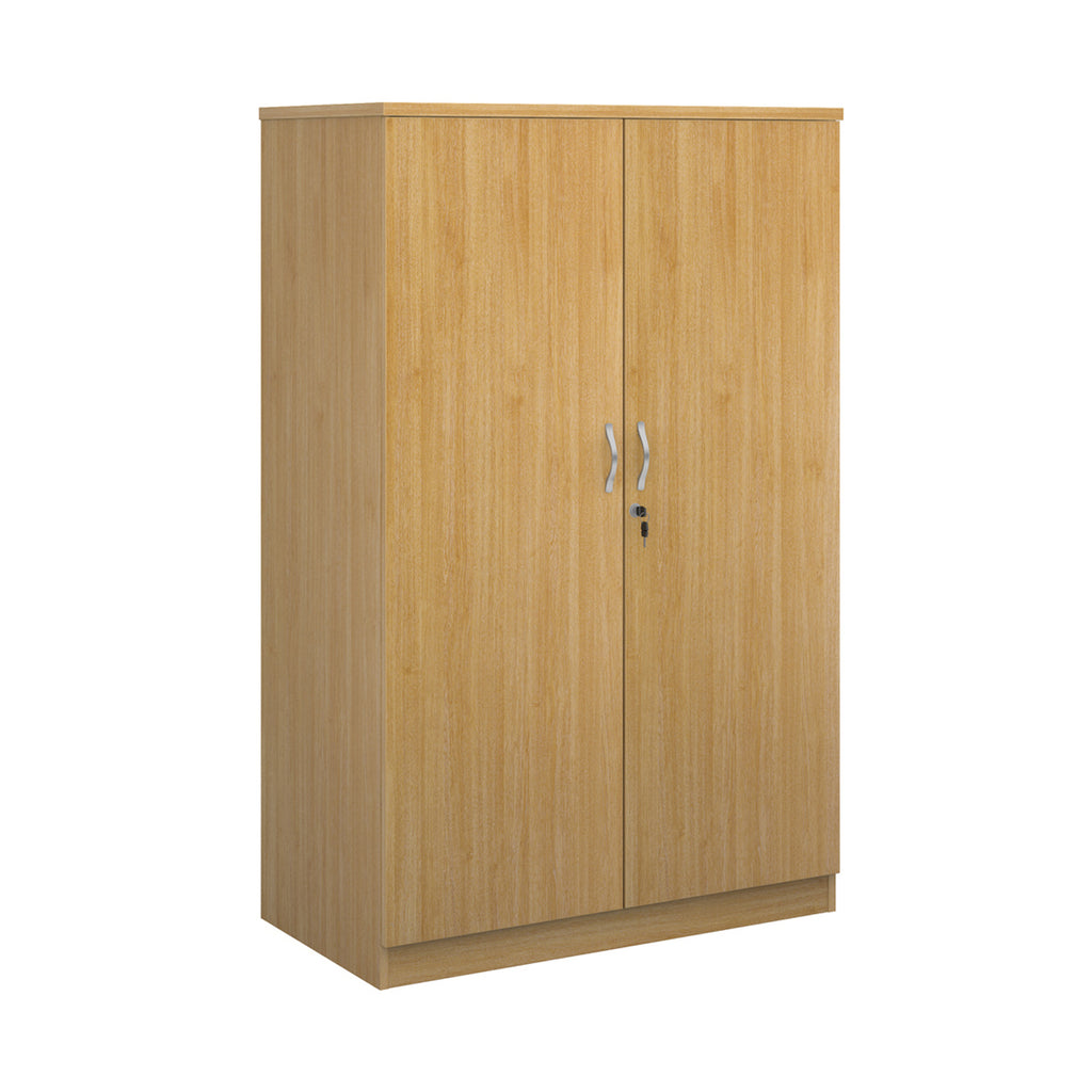 A two-door cabinet with a wood grain finish, featuring two vertical doors with slim silver handles and small lock keys, shown on a plain white background.
