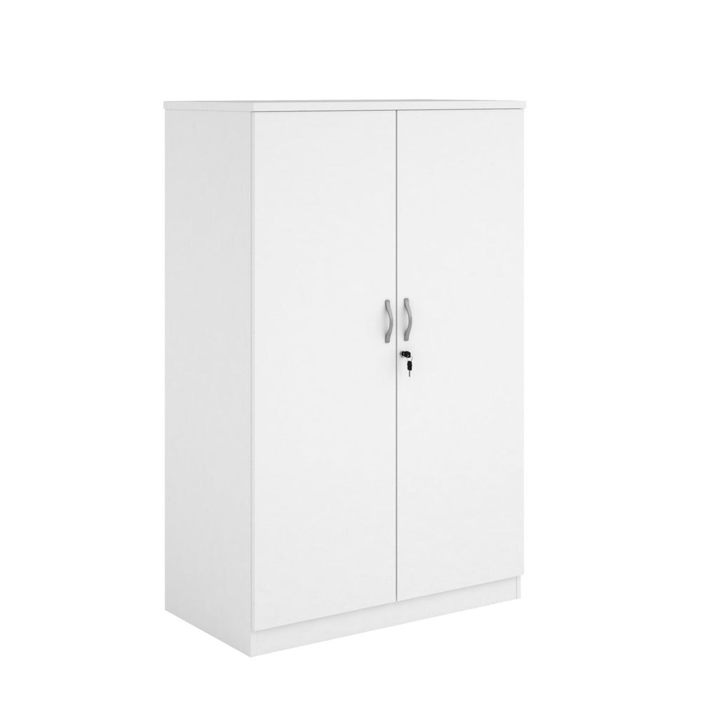 A two-door cabinet with a white finish, featuring two vertical doors with slim silver handles and small lock keys, shown on a plain white background.