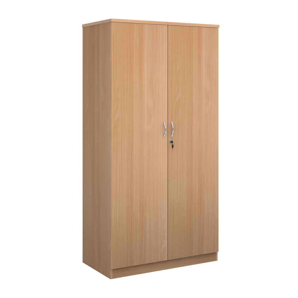 A tall two-door cabinet with a wood grain finish, featuring two vertical doors with slim silver handles and small lock keys, shown on a plain white background.