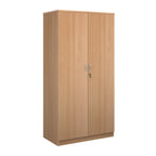 A tall two-door cabinet with a wood grain finish, featuring two vertical doors with slim silver handles and small lock keys, shown on a plain white background.