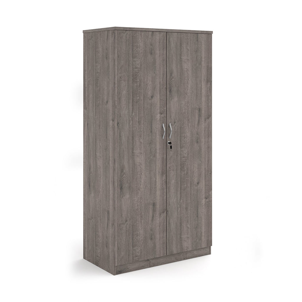 A tall two-door cabinet with a grey wood grain finish, featuring two vertical doors with slim silver handles and small lock keys, shown on a plain white background.