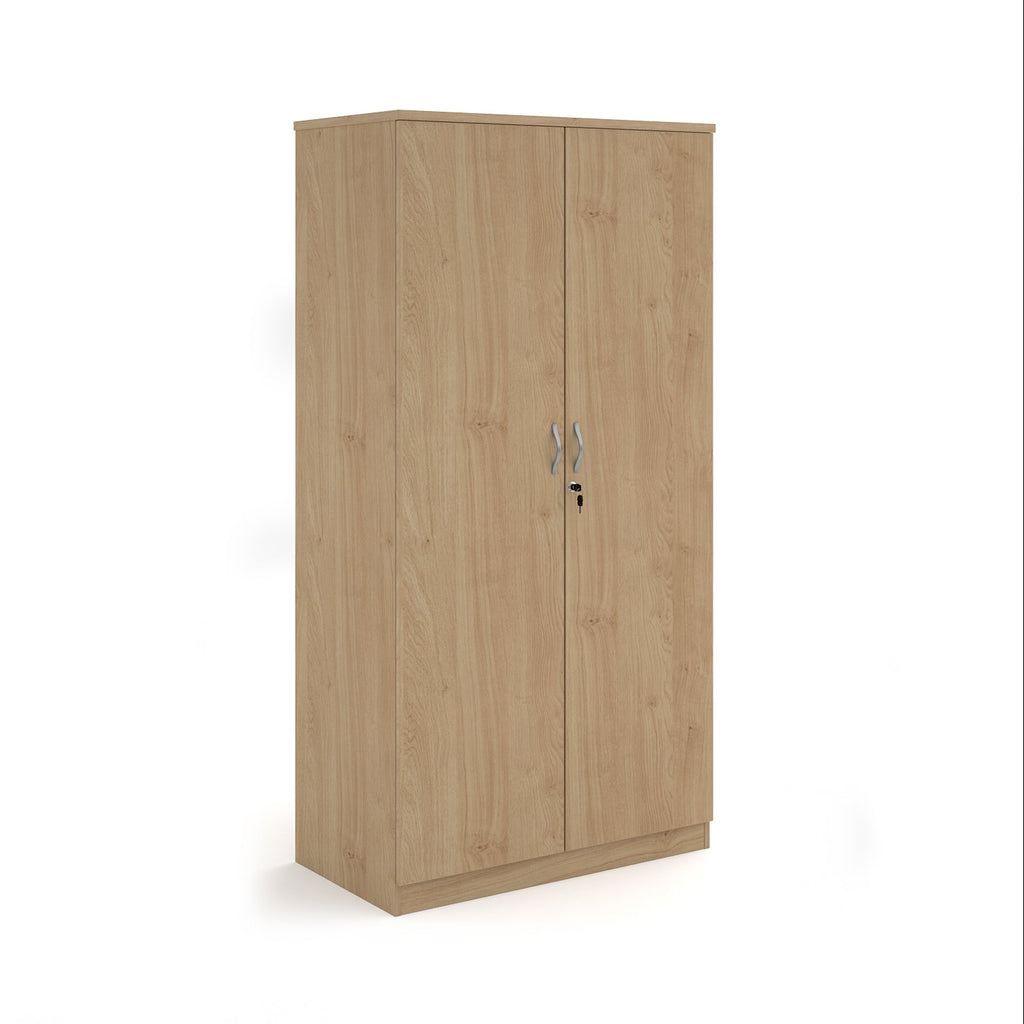 A tall two-door cabinet with a wood grain finish, featuring two vertical doors with slim silver handles and small lock keys, shown on a plain white background.