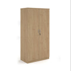 A tall two-door cabinet with a wood grain finish, featuring two vertical doors with slim silver handles and small lock keys, shown on a plain white background.