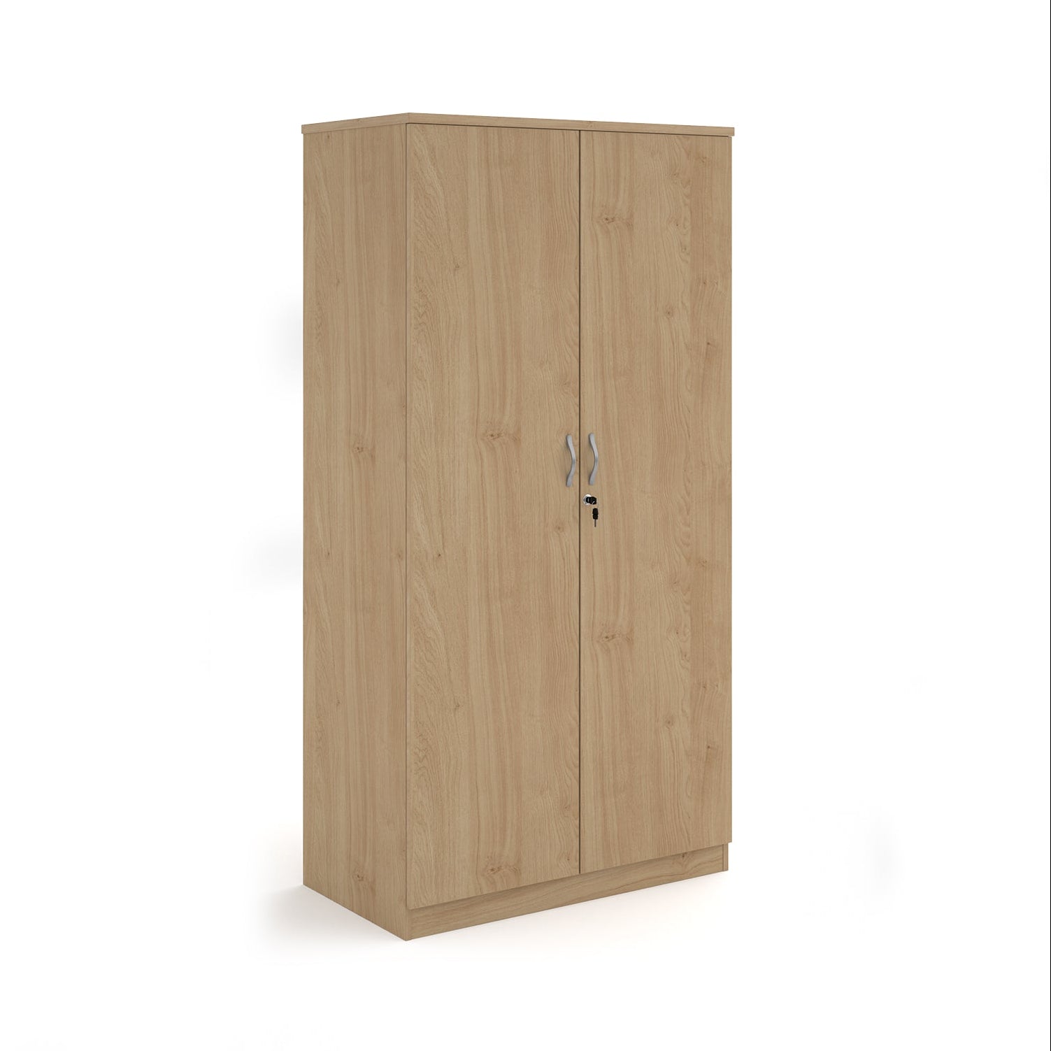 A tall two-door cabinet with a wood grain finish, featuring two vertical doors with slim silver handles and small lock keys, shown on a plain white background.