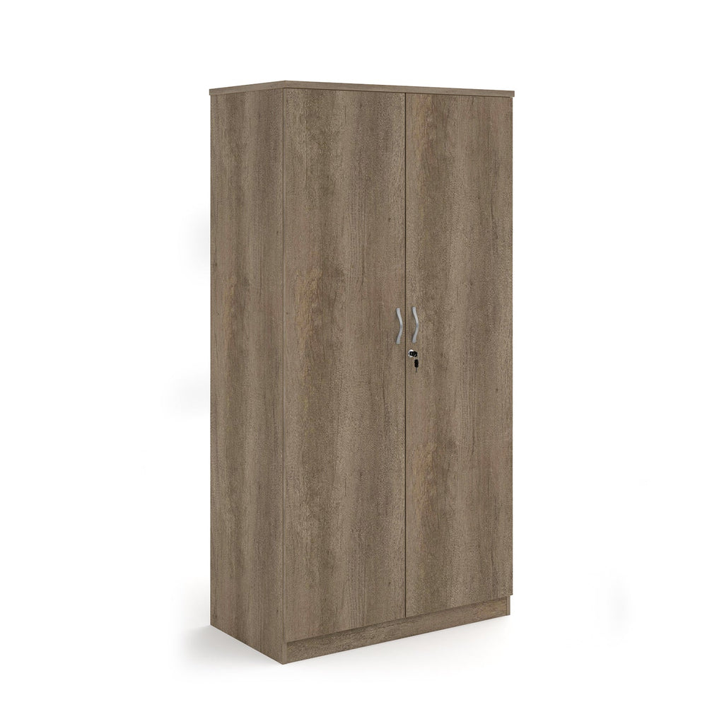 A two-door cabinet with a wood grain finish, featuring two vertical doors with slim silver handles and small lock keys, shown on a plain white background.