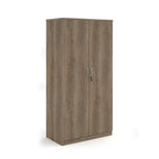 A two-door cabinet with a wood grain finish, featuring two vertical doors with slim silver handles and small lock keys, shown on a plain white background.