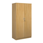 A tall two-door cabinet with a wood grain finish, featuring two vertical doors with slim silver handles and small lock keys, shown on a plain white background.