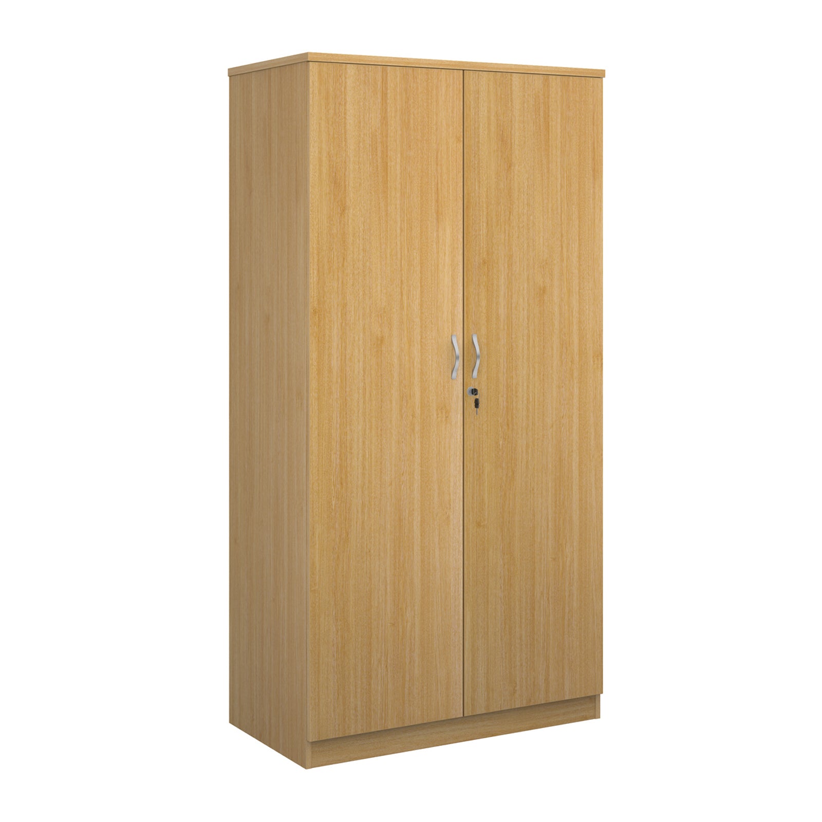 A tall two-door cabinet with a wood grain finish, featuring two vertical doors with slim silver handles and small lock keys, shown on a plain white background.