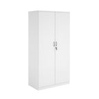 A two-door cabinet with a white finish, featuring two vertical doors with slim silver handles and small lock keys, shown on a plain white background.