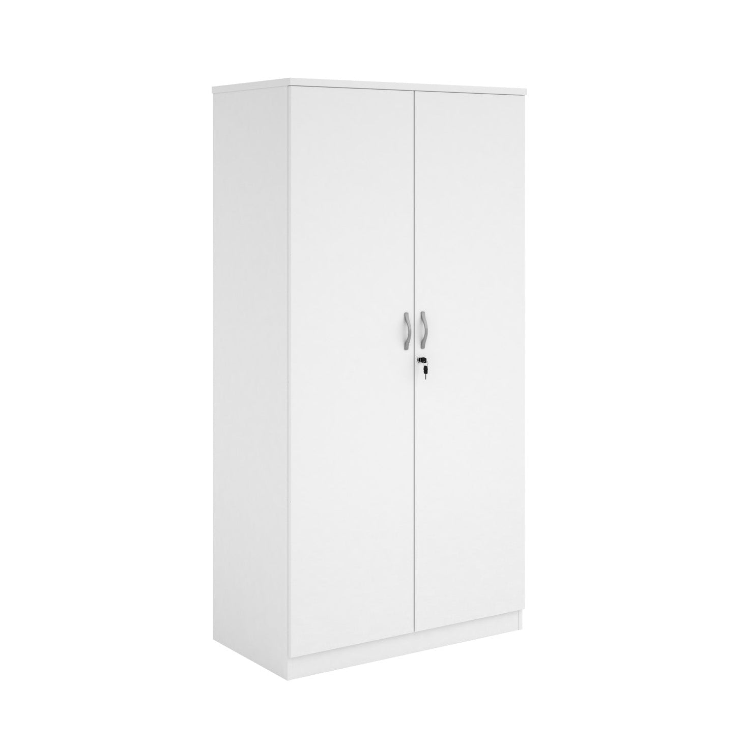 A two-door cabinet with a white finish, featuring two vertical doors with slim silver handles and small lock keys, shown on a plain white background.